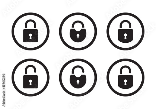 Lock and unlock icon privacy symbol set in stroke circle in black and white color. Lock icon collection. Locked and unlocked icon in black circle stroke. Flat security symbol. Vector Icon.