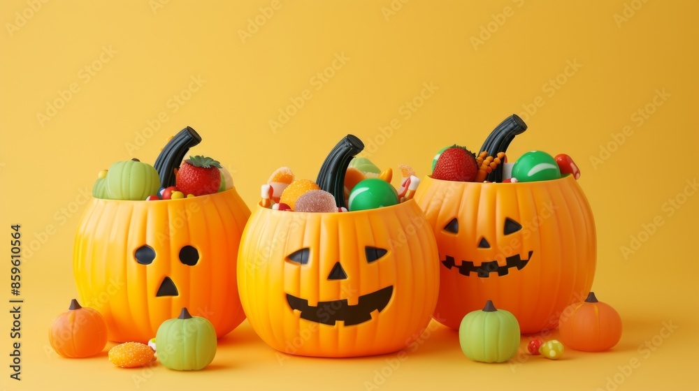 Baskets shaped like pumpkins with candy on a yellow background Baskets shaped like pumpkins with candy on a yellow background