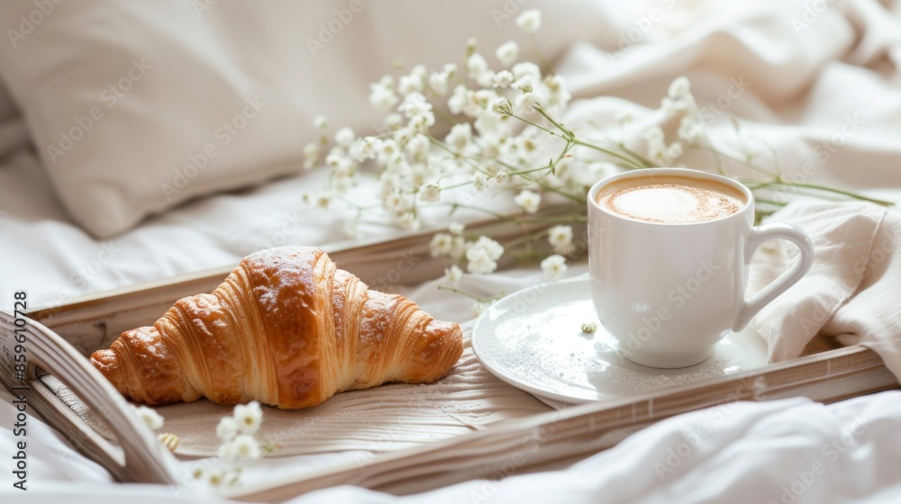 Breakfast in bed with croissant and coffee on a tray Breakfast in bed with croissant and coffee on a tray
