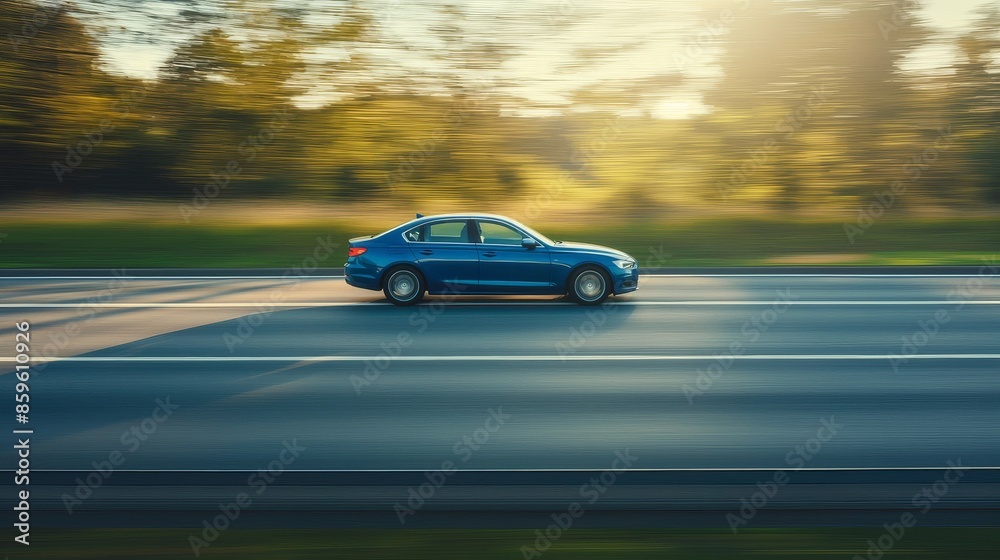 Blue Sedan Driving On A Country Road During Sunset Blue Sedan Driving On A Country Road During Sunset