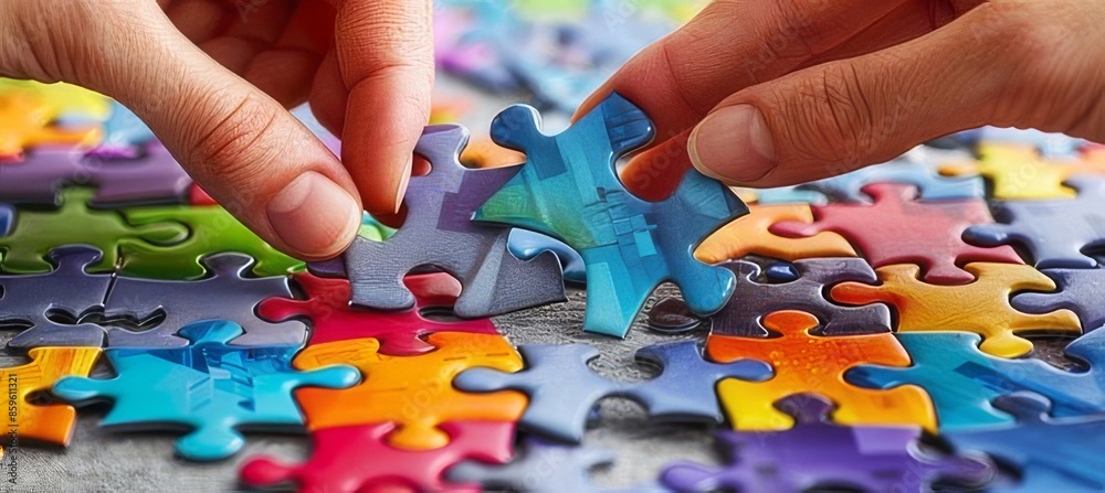 Hands Completing Colorful Jigsaw Puzzle Hands Completing Colorful Jigsaw Puzzle