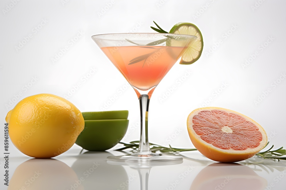 Refreshing lemon cocktail with rosemary garnish served in a martini glass. Refreshing lemon cocktail with rosemary garnish served in a martini glass.