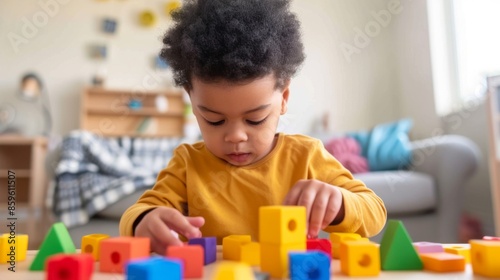 A toddler solving a sorting puzzle, matching blocks to shapes