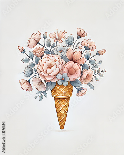 Floral Ice Cream Cone Illustration with Pastel Flowers