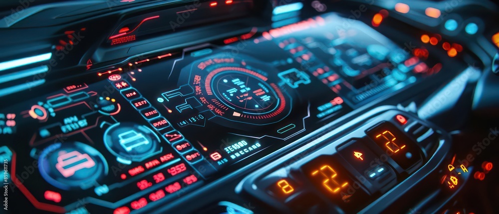 Futuristic closeup of an advanced selfdriving car interface with realtime navigation and AI control Futuristic closeup of an advanced selfdriving car interface with realtime navigation and AI control