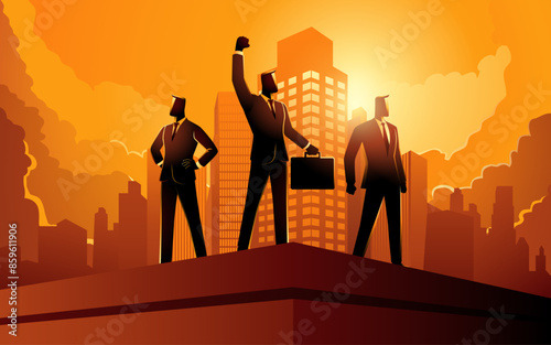 Businessmen standing on the top of a building, accomplishment, determination, conquer obstacles, vector illustration