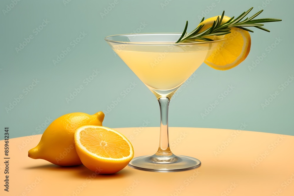 Fototapeta premium Refreshing lemon cocktail with rosemary garnish served in a martini glass.