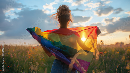 a beautiful girl holding rainbow flag in the field at sunset , homosexuality photo