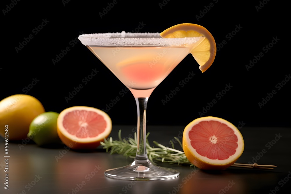Refreshing lemon cocktail with rosemary garnish served in a martini glass. Refreshing lemon cocktail with rosemary garnish served in a martini glass.