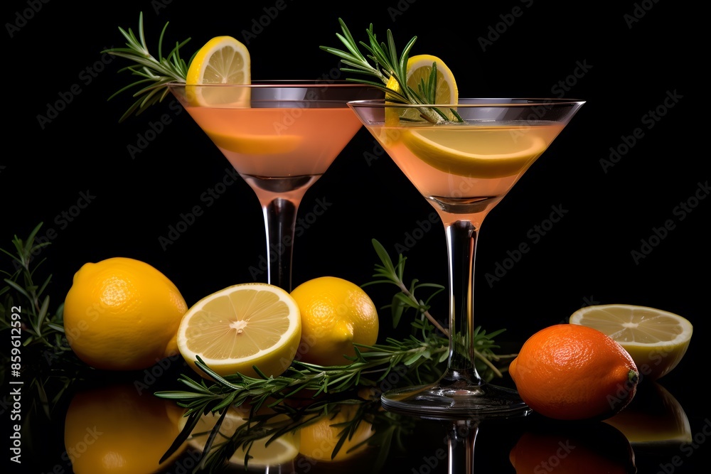 Refreshing lemon cocktail with rosemary garnish served in a martini glass. Refreshing lemon cocktail with rosemary garnish served in a martini glass.
