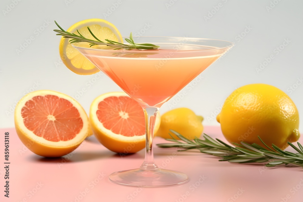 Refreshing lemon cocktail with rosemary garnish served in a martini glass. Refreshing lemon cocktail with rosemary garnish served in a martini glass.