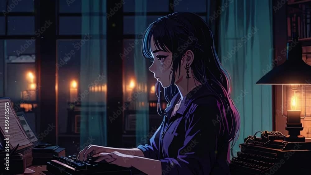 A gothic-themed anime girl in a cozy room, typing on an antique typewriter with lo-fi music playing. The rain outside creates a soothing contrast with the warm candlelight, zoom OBS, anime chill hip A gothic-themed anime girl in a cozy room, typing on an antique typewriter with lo-fi music playing. The rain outside creates a soothing contrast with the warm candlelight, zoom OBS, anime chill hip