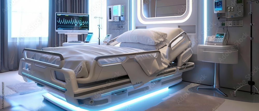 Futuristic hospital bed with integrated health monitoring and adjustable comfort settings Futuristic hospital bed with integrated health monitoring and adjustable comfort settings