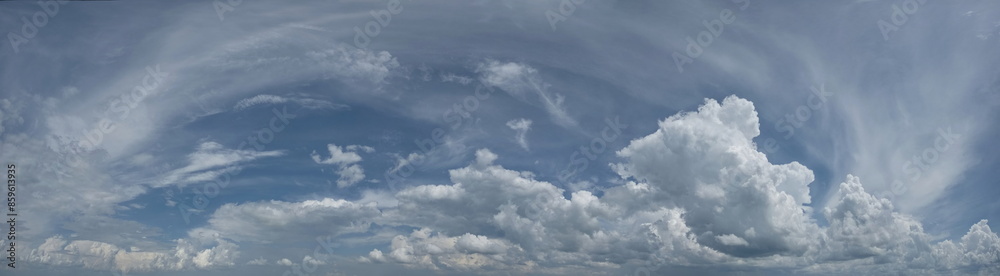 Russia. South of Western Siberia. Panorama of the daytime summer sky with cumulus clouds over the fields of Kuznetsk Alatau. Russia. South of Western Siberia. Panorama of the daytime summer sky with cumulus clouds over the fields of Kuznetsk Alatau.