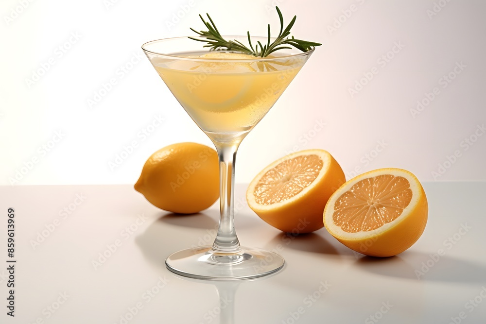 Refreshing lemon cocktail with rosemary garnish served in a martini glass.