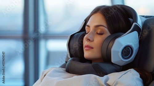 Futuristic travel pillow with integrated noisecanceling headphones and sleeptracking sensors photo