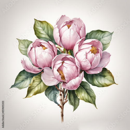 Watercolor Painting of Magnolia Flowers in Various Blooming Stages, Pink-Purple Hues Against a White Background