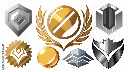 a collection of nine emblems or badges, each with its own unique design and color scheme. Starting from the top left, there's a shield-like emblem in silver with a gold border