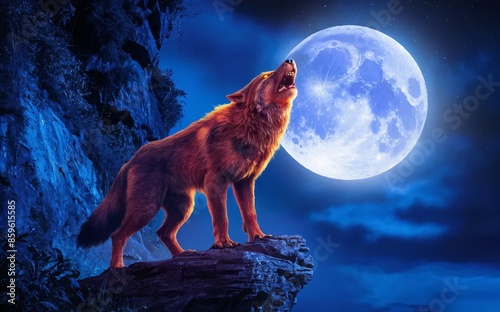 A werewolf howling at the full moon from the top of a rocky cliff,Halloween photo