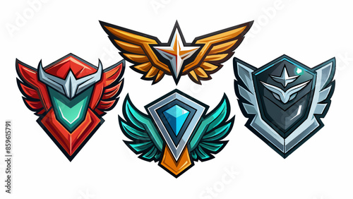 futuristic emblems, sleek designs, colorful insignias, sharp edges, vibrant colors, winged motifs, geometric shapes, digital art, detailed illustration, vector style, sci-fi themed badges
