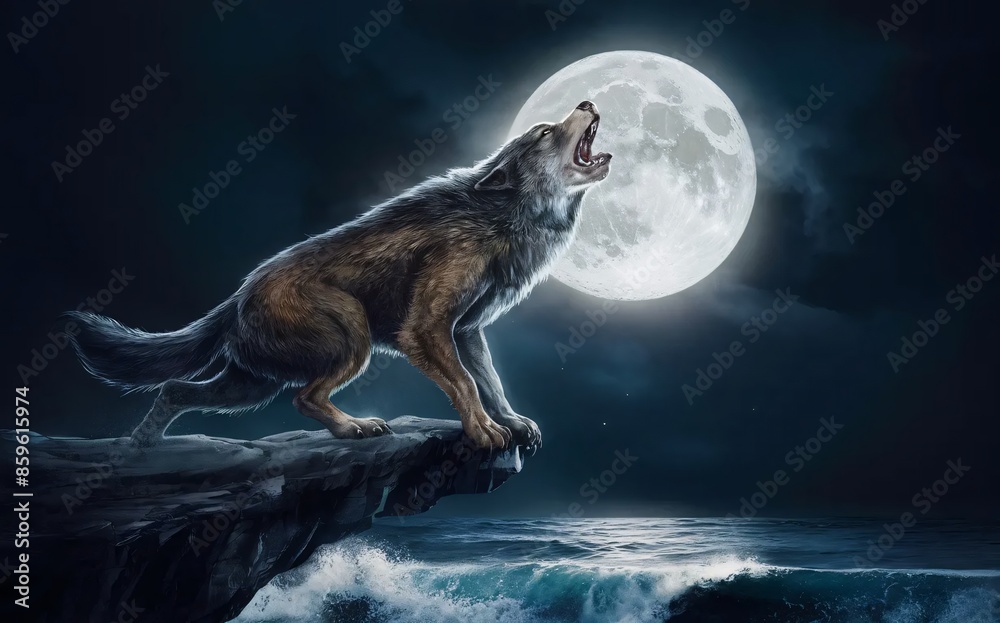 Obraz premium A werewolf howling at the full moon from the top of a rocky cliff,Halloween