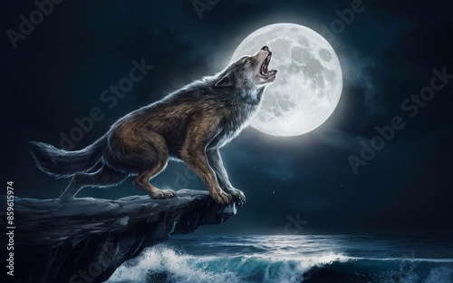 A werewolf howling at the full moon from the top of a rocky cliff,Halloween photo