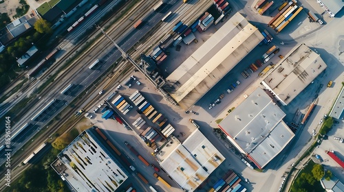 Aerial view of goods warehouses and logistics center in industrial city zone from above : Generative AI