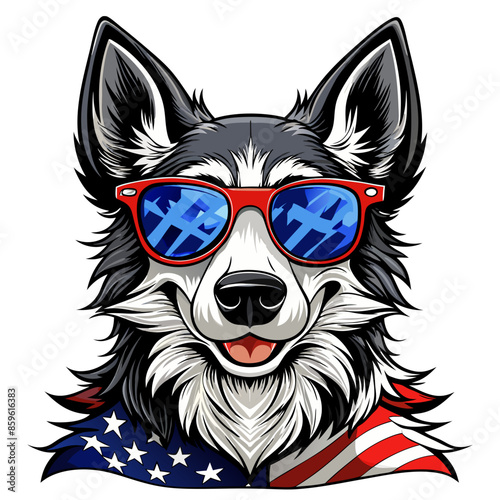 Black and White Illustration of a Smiling Dog Wearing Patriotic American Flag Sunglasses
