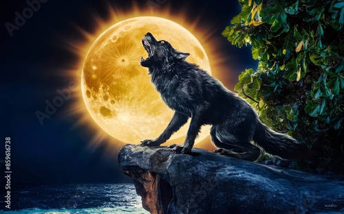 A werewolf howling at the full moon from the top of a rocky cliff,Halloween photo