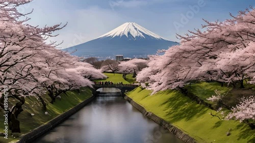 Cherry Blossoms and Snow-Capped Mountains
