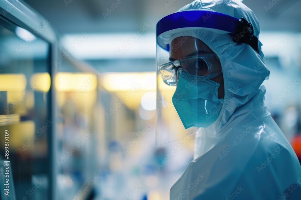 Researcher in protective gear working in medical lab