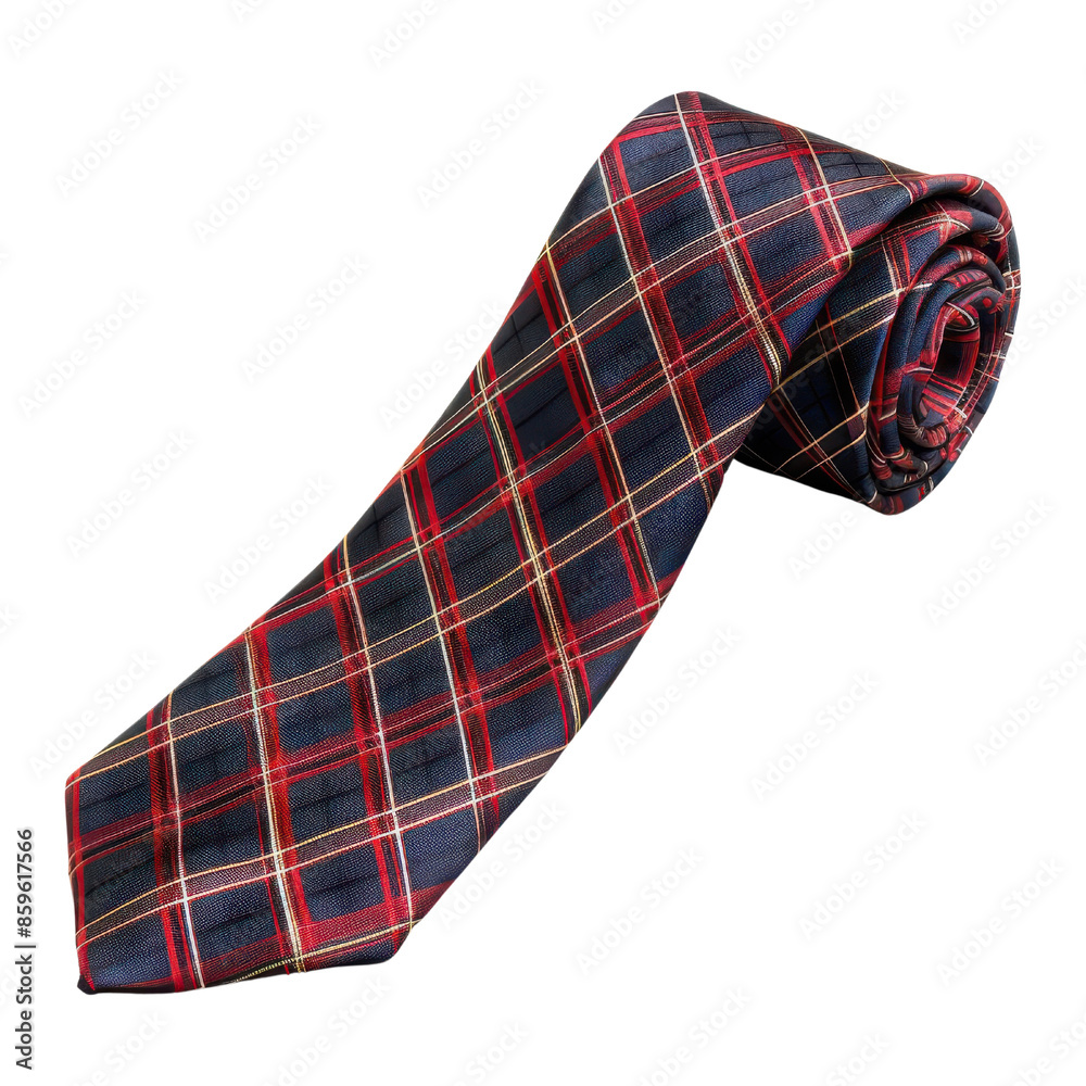 Classic rolled plaid necktie with red, blue, and white checks. Ideal for formal wear, office attire, or special occasions.