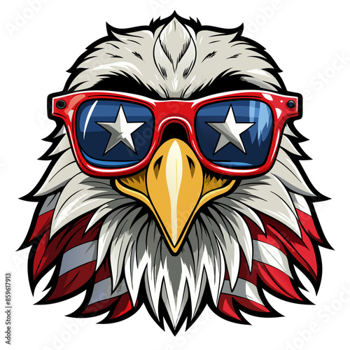 Black and White Illustration of a Smiling Eagle Wearing Patriotic American Flag Sunglasses