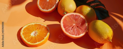 Fresh citrus fruits, including oranges and grapefruits, beautifully sliced and displayed on a warm orange background, casting natural shadows.