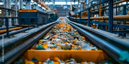 Conveyor belt with collected waste ready for incineration at a sorting center. Concept Waste Management, Sorting Center, Incineration Process, Conveyor Belt, Recycling Efforts