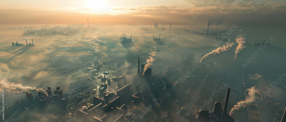 Naklejka premium A sprawling industrial cityscape blanketed in dense fog and smoke under a hazy sunset, showcasing pollution and environmental issues.