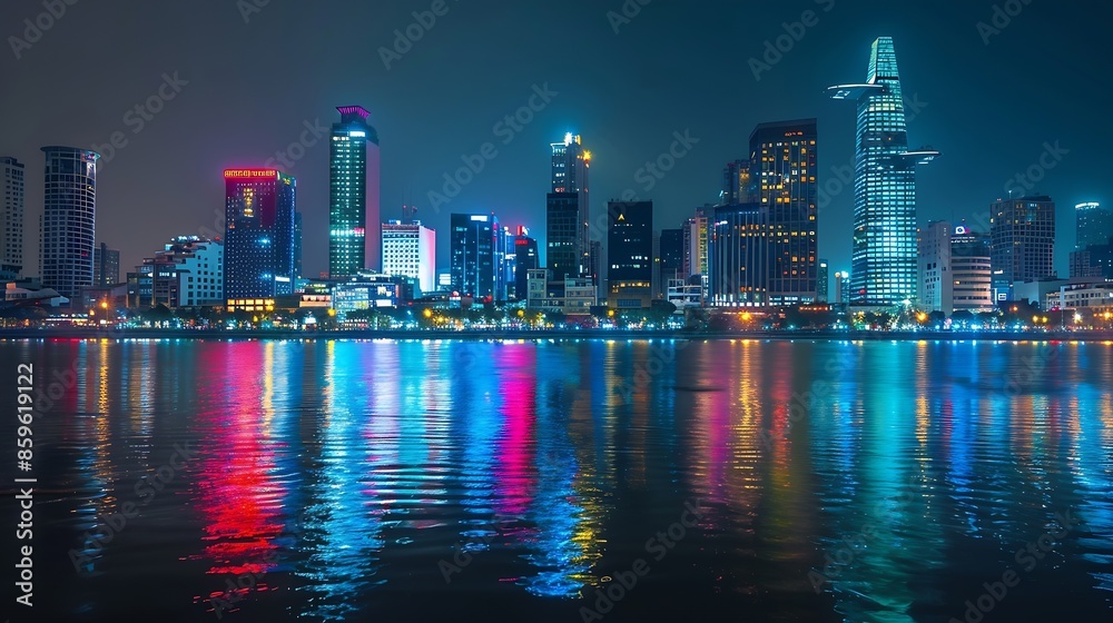 Fototapeta premium Awesome Ho Chi Minh City skyline Night view of skyscrapers and other highrise buildings at downtown of Ho Chi Minh City Vietnam Colorful city lights reflected in water of the Saigon Ri : Generative AI