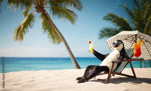 Penguin enjoying a cocktail, relaxing at the beach in sunglasses, surrounded by summer vibes. Palm trees and ocean in the background. Ideal for vacation and holiday themes.