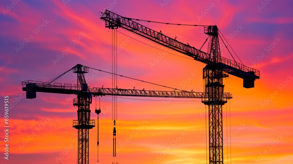 Two construction cranes silhouetted against a vibrant sunset Two construction cranes silhouetted against a vibrant sunset