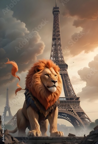 Dutch lion standing on the eiffeltower