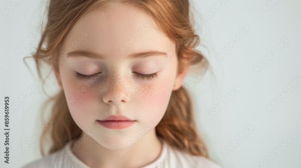 Young girl with her eyes closed, set against a pure white background Young girl with her eyes closed, set against a pure white background