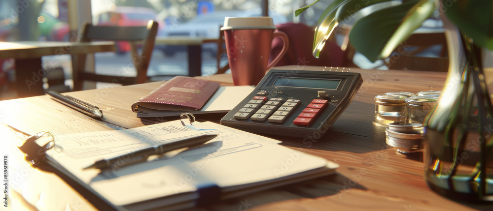 A bustling café scene with a table set for work, featuring a passport, calculator, and coffee mug amongst books and papers, evoking productivity in a casual setting. A bustling café scene with a table set for work, featuring a passport, calculator, and coffee mug amongst books and papers, evoking productivity in a casual setting.