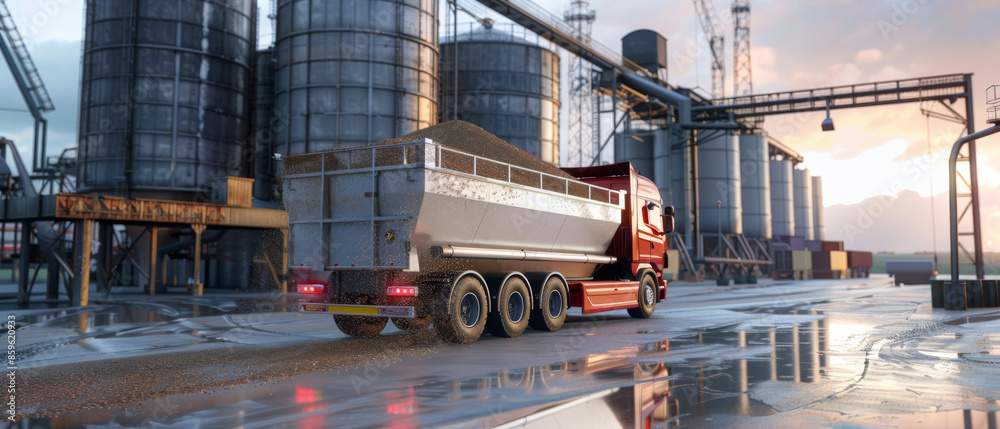 Naklejka premium A red dump truck stands in a wet industrial area next to large storage silos at dusk, illustrating supply chain and transportation themes.