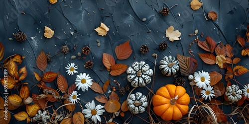 Thanksgiving-themed Flat Lay with Dried Leaves, Pumpkins, and White Flowers. Concept Thanksgiving Flat Lay, Dried Leaves, Pumpkins, White Flowers photo