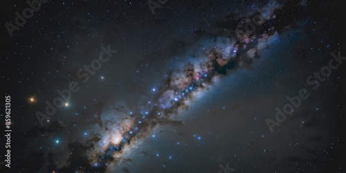 Cosmic View of Starry Sky with Planet or Black Hole in Center and Milky Way Background
