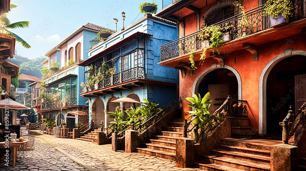 Fototapeta premium A colorful street scene with a mix of buildings and awnings