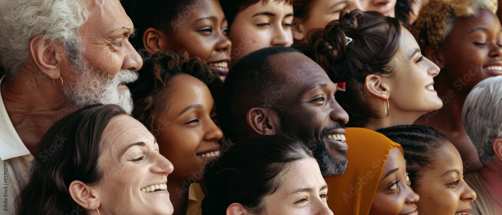 A richly diverse group of people smiling contently, eyes closed, embracing a moment of collective warmth and unity. A richly diverse group of people smiling contently, eyes closed, embracing a moment of collective warmth and unity.
