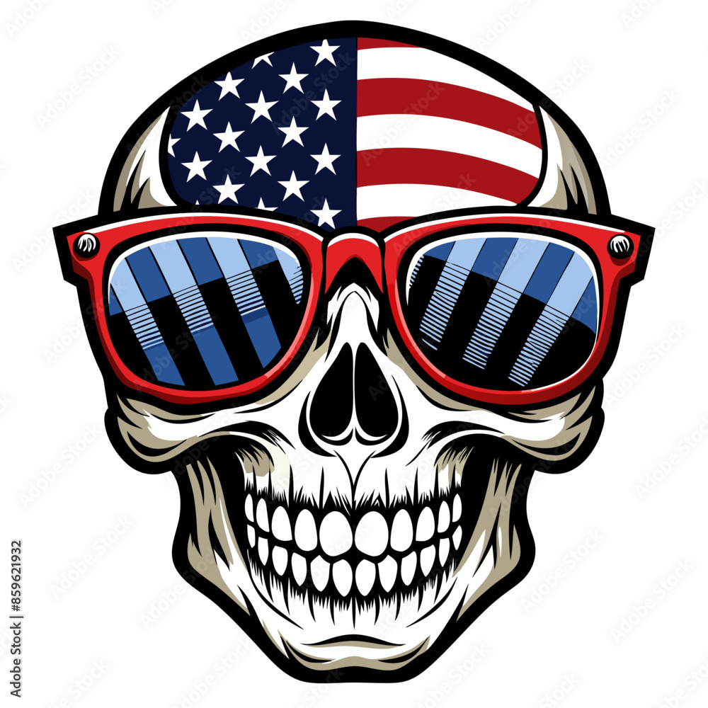 Black and White Illustration of a Smiling Skull Wearing Patriotic American Flag Sunglasses