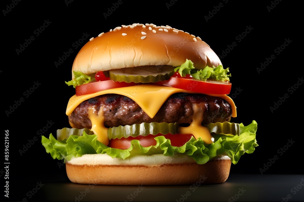 A Savory Cheeseburger Stack Featuring Layers of Flavor on a Dark Background A Savory Cheeseburger Stack Featuring Layers of Flavor on a Dark Background