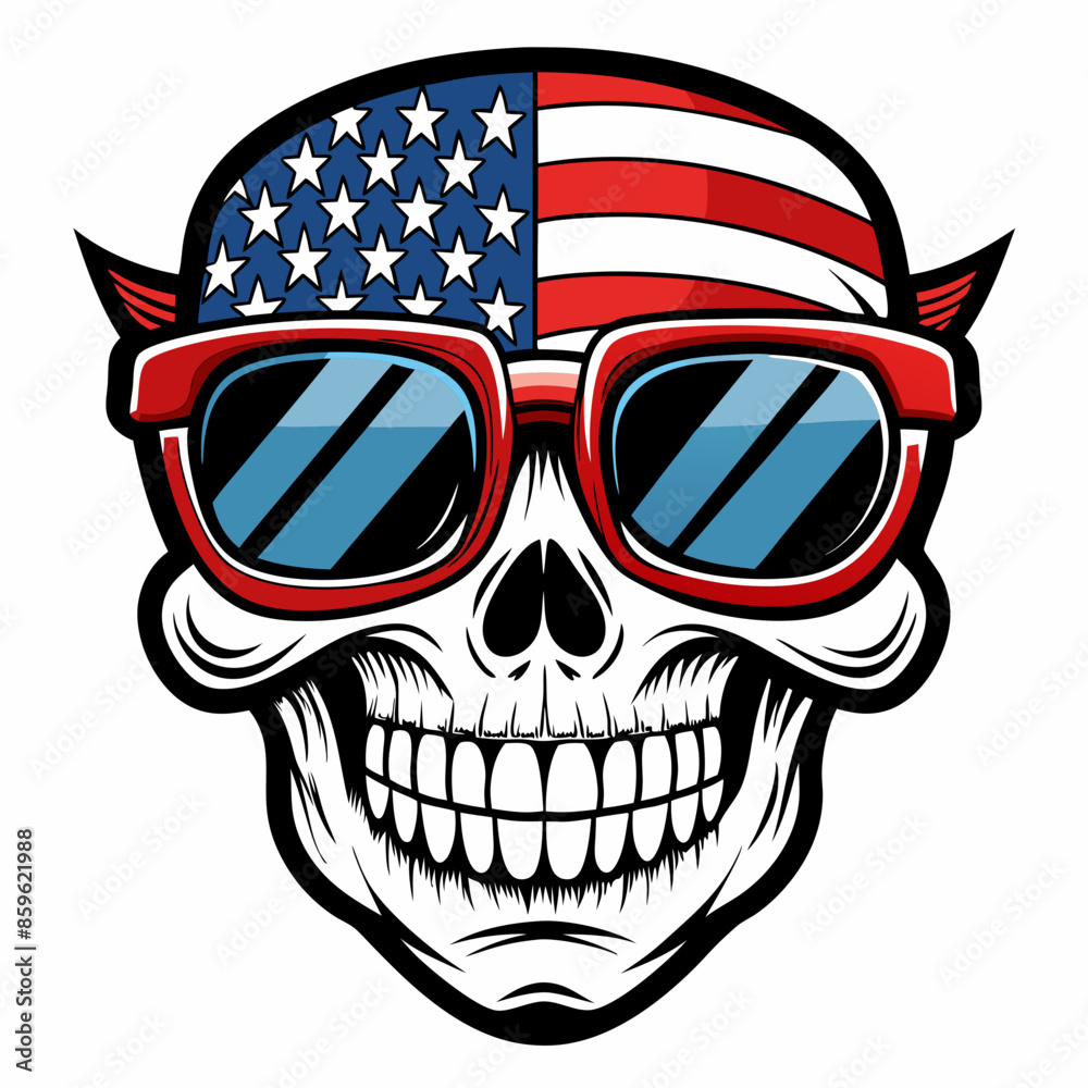 Black and White Illustration of a Smiling Skull Wearing Patriotic American Flag Sunglasses Black and White Illustration of a Smiling Skull Wearing Patriotic American Flag Sunglasses